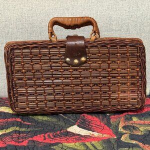 Rattan Wicker Basket Box Purse with Double Handle, Vintage 1950s